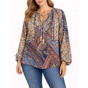 Tolani Women's Blue and Red Floral V Neck Bohemian Patchwork Blouse Top Size 2X
